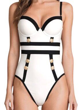 River Island Black Ivory Button Trim Plunge One Piece Swimsuit Size S/M